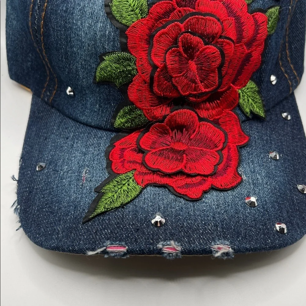 721. Denim Cap with Red Floral Detail